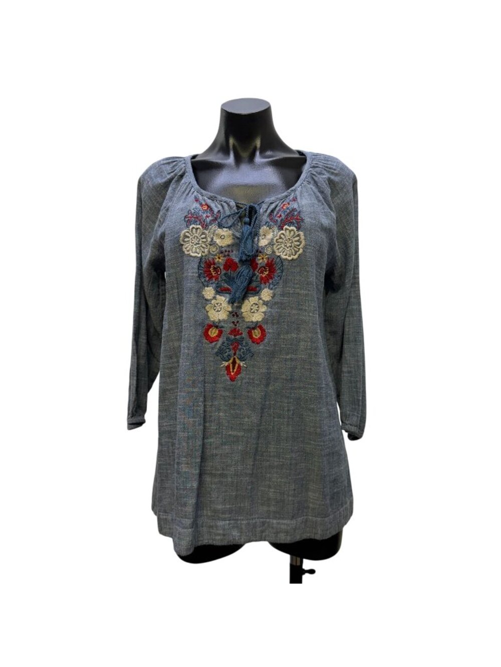 Kyla Seo Anthropologie Blouse Blue Red Floral Tie Neck Long Sleeve S